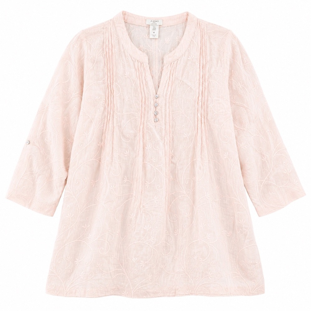 St Tropez West Pink 100% Linen Embroidered Boho Top‎ Womens Large Cottagecore